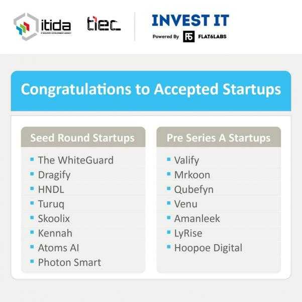 مركز الإبداع التكنولوجي يُعلن عن الشركات الناشئة المنضمة لبرنامج Invest IT بدعم من Flat6Labs