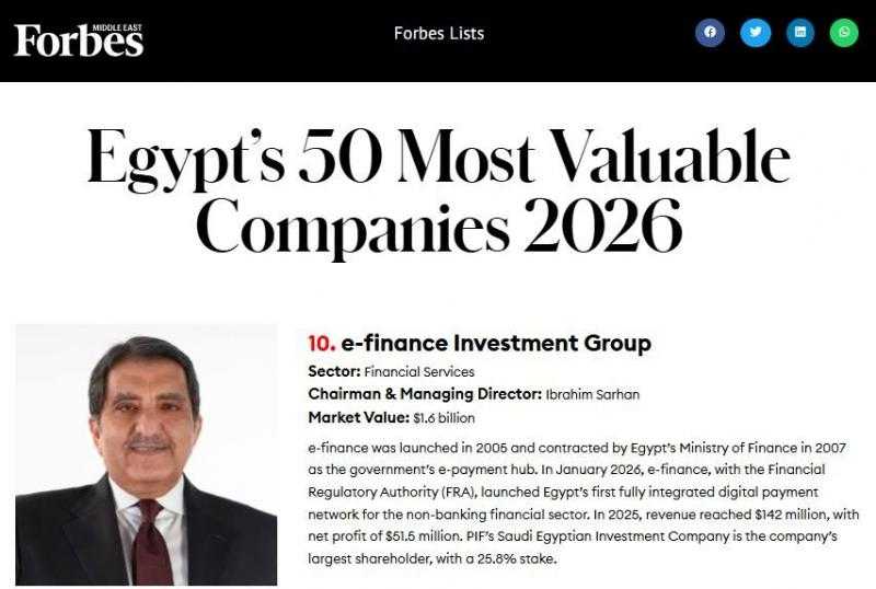 للعام الخامس على التوالي.. ”إي فاينانس” بين كبار الشركات في مصر وتحافظ على المركز العاشر فى تصنيف ” فوربس الشرق الأوسط ”